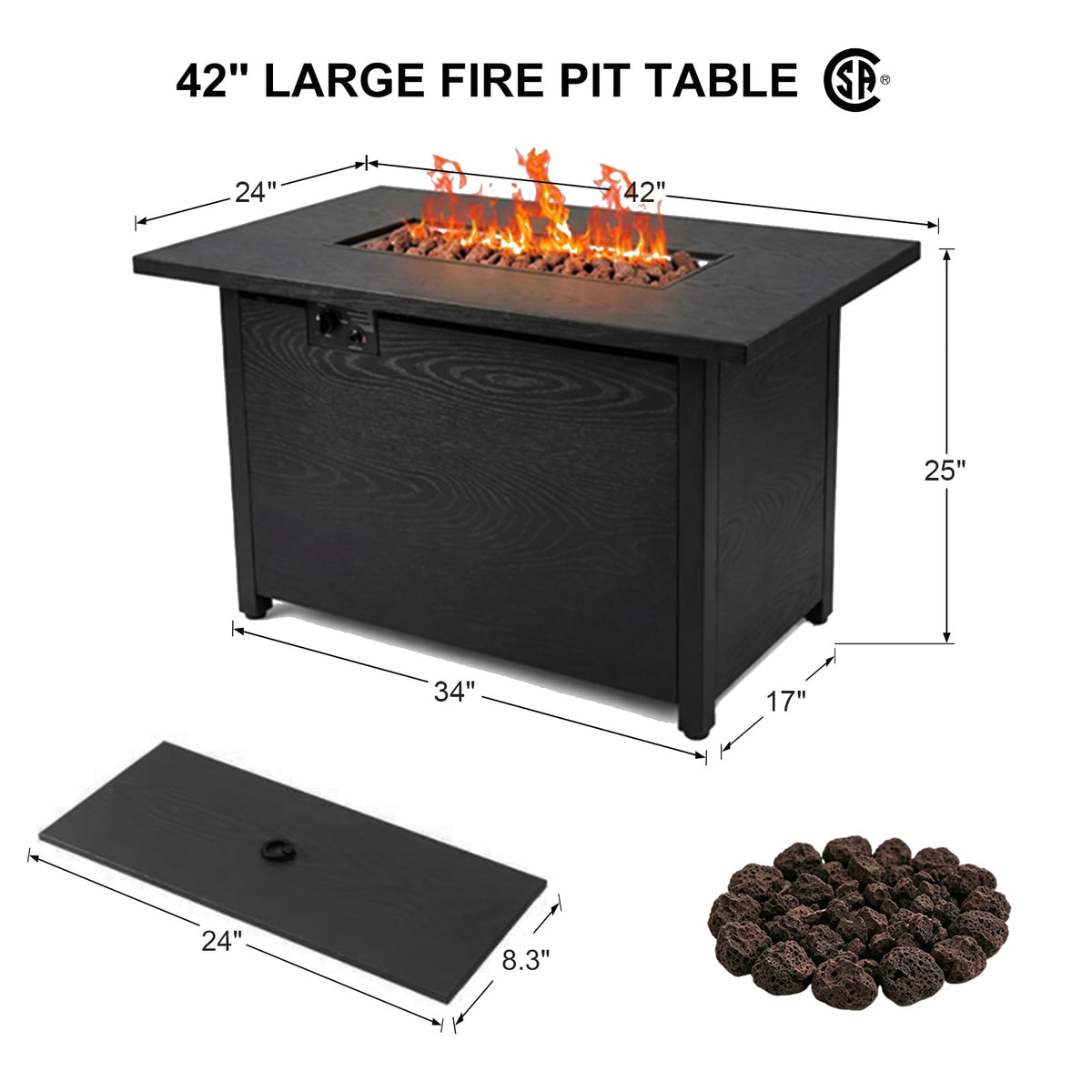 42" Propane Fire Pit Table, 50,000 BTU Outdoor Gas Fire Table with Lid, 2-in-1 Steel Rectangular Firepits for Outside