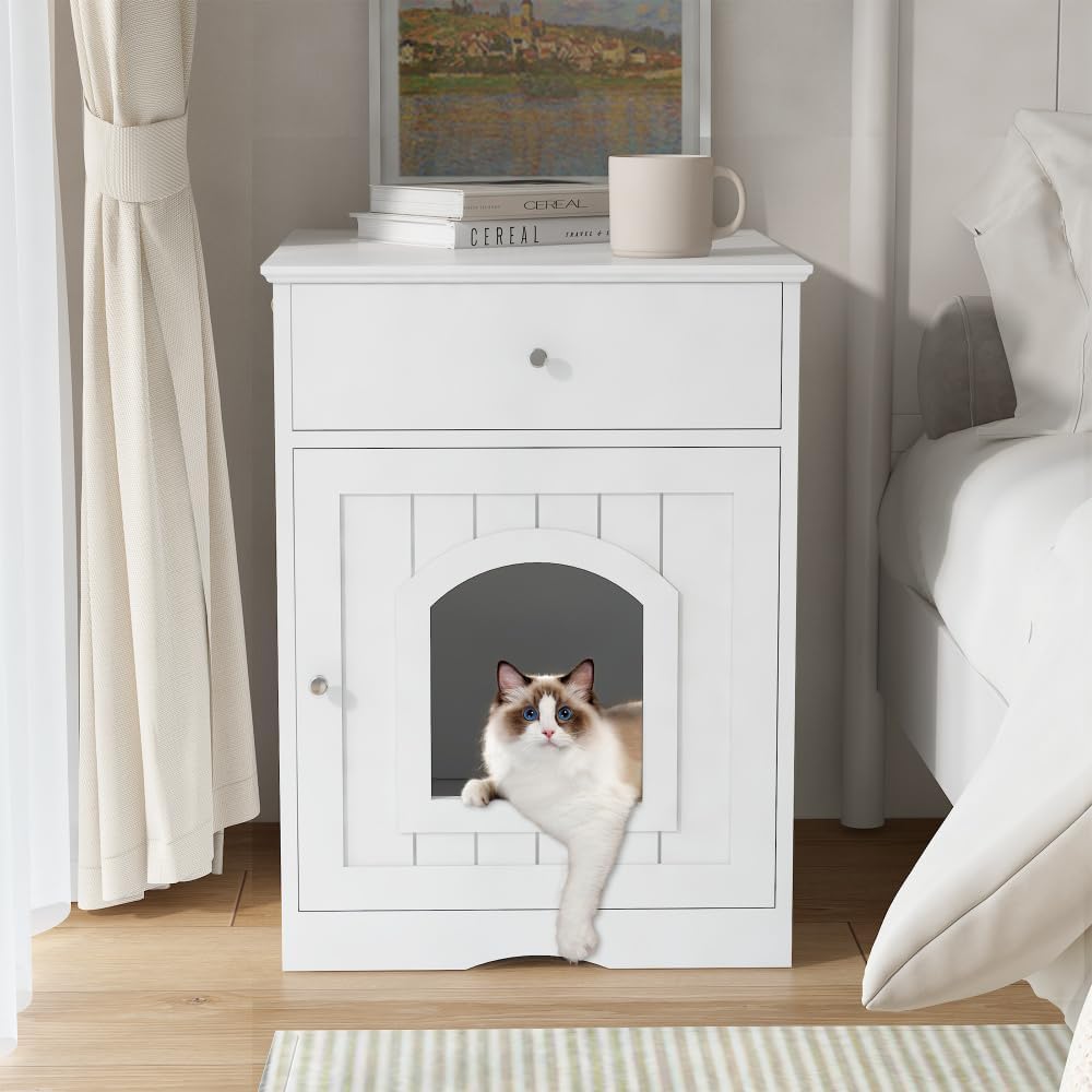 Cat Litter Box Enclosure Furniture, White + Solid Wood