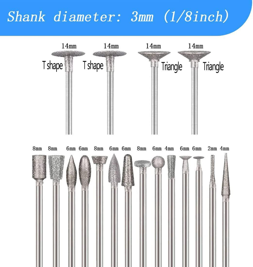 Luo ke 18 Pcs 1/8" Shank Assorted Shapes 100 Grit Diamond Burr Sets