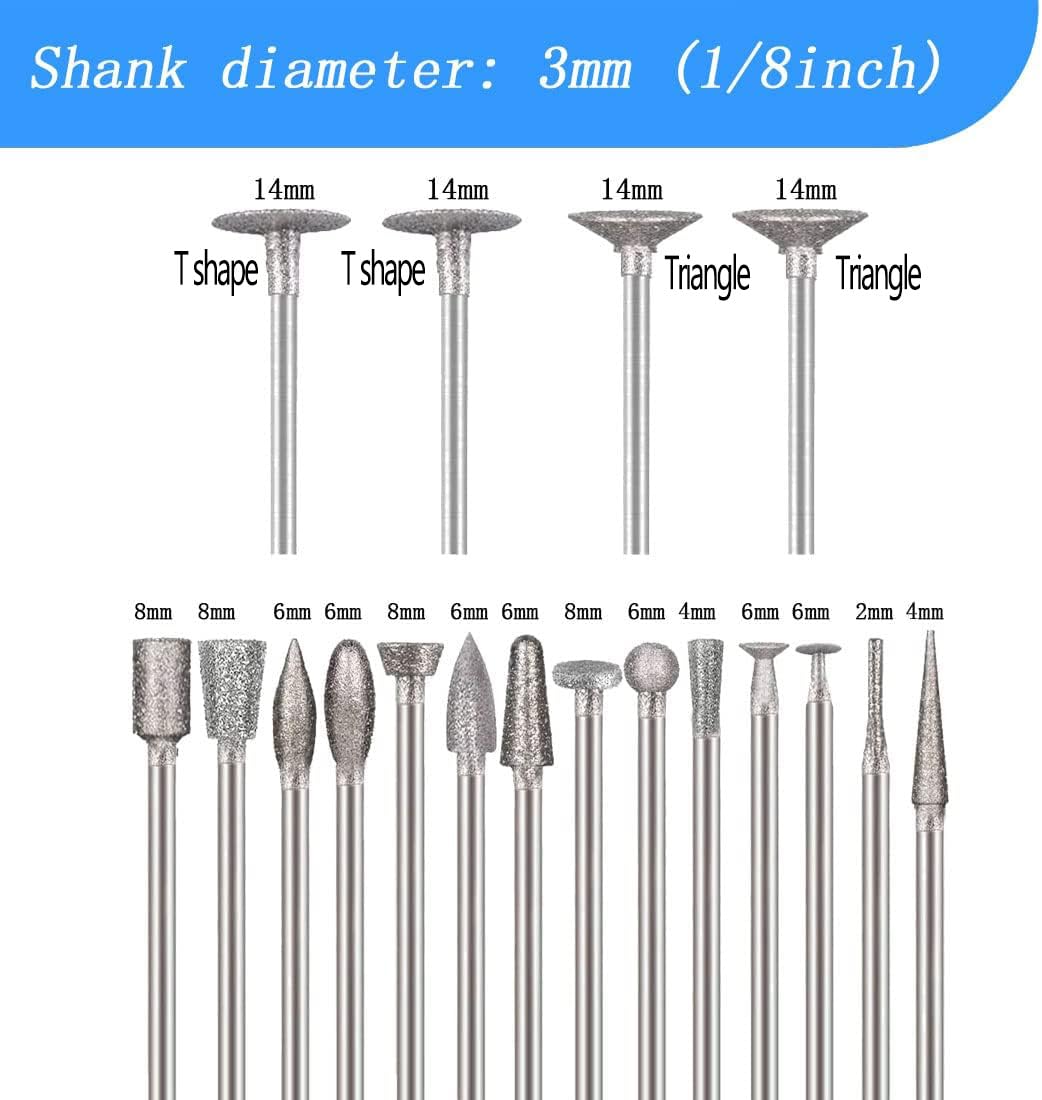 Luo ke 18 Pcs 1/8" Shank Assorted Shapes 100 Grit Diamond Burr Sets