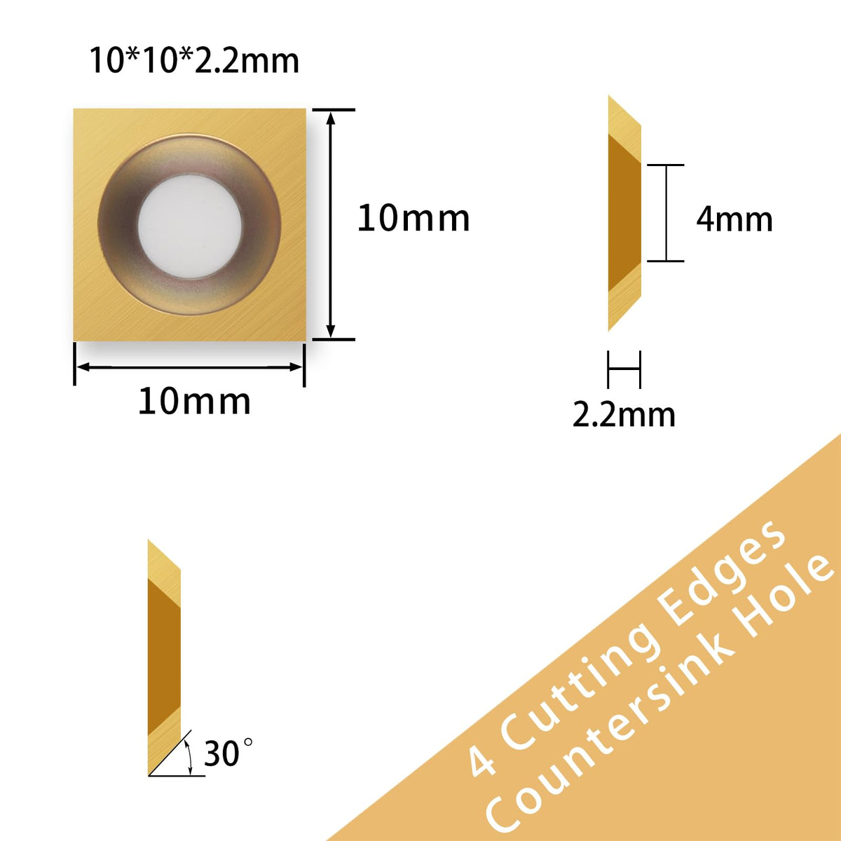 TiN Coated Square Corner Carbide Inserts 4 Edges, 10 * 10 * 2.2mm, 30 Degree Cutting Angle, 10pcs, Countersink Hole (Gold)
