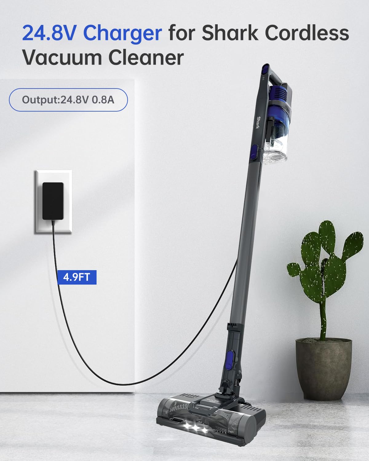 Naubluvo 24.8V Charger for Shark Pet Cordless Stick Vacuum IX141 IZ140H IX141H IZ142, 4.9FT Power Cord for Shark Cordless Vacuum Cleaner IZ163H IZ362H IZ363HT, Replacement for Charger DK33-248080H-U