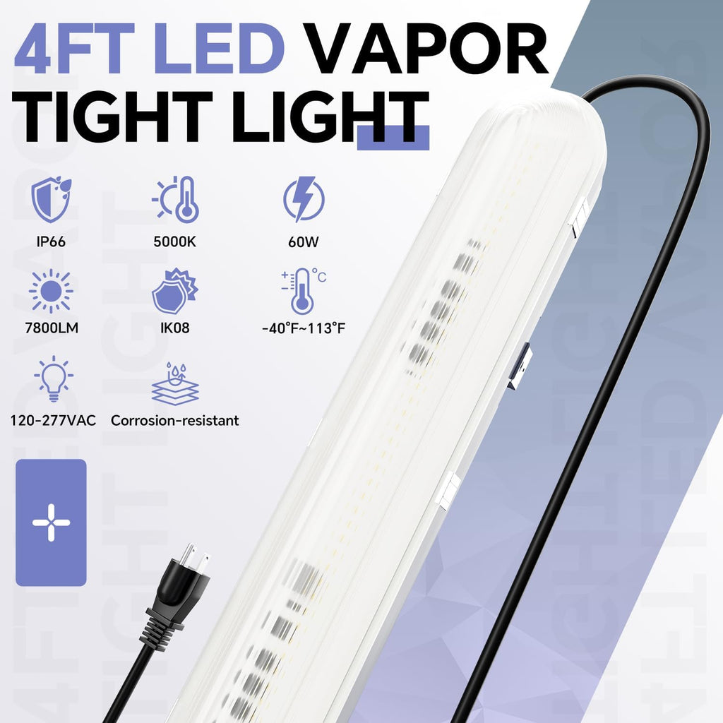 JTT 4FT LED Vapor Tight Light with Plug, 60W 7800LM 5000K, 120-277V, ETL