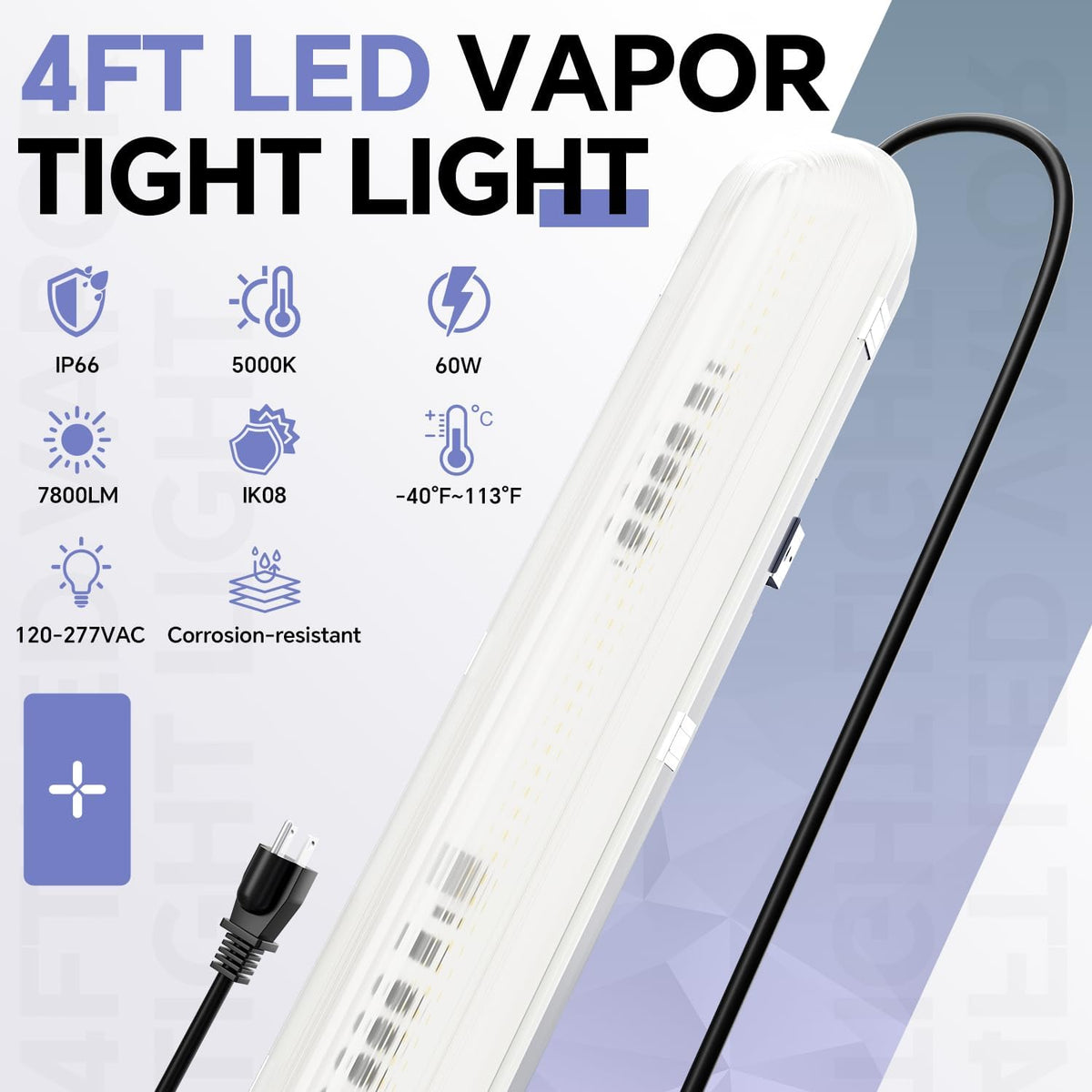 JTT 4FT LED Vapor Tight Light with Plug, 60W 7800LM 5000K, 120-277V, ETL