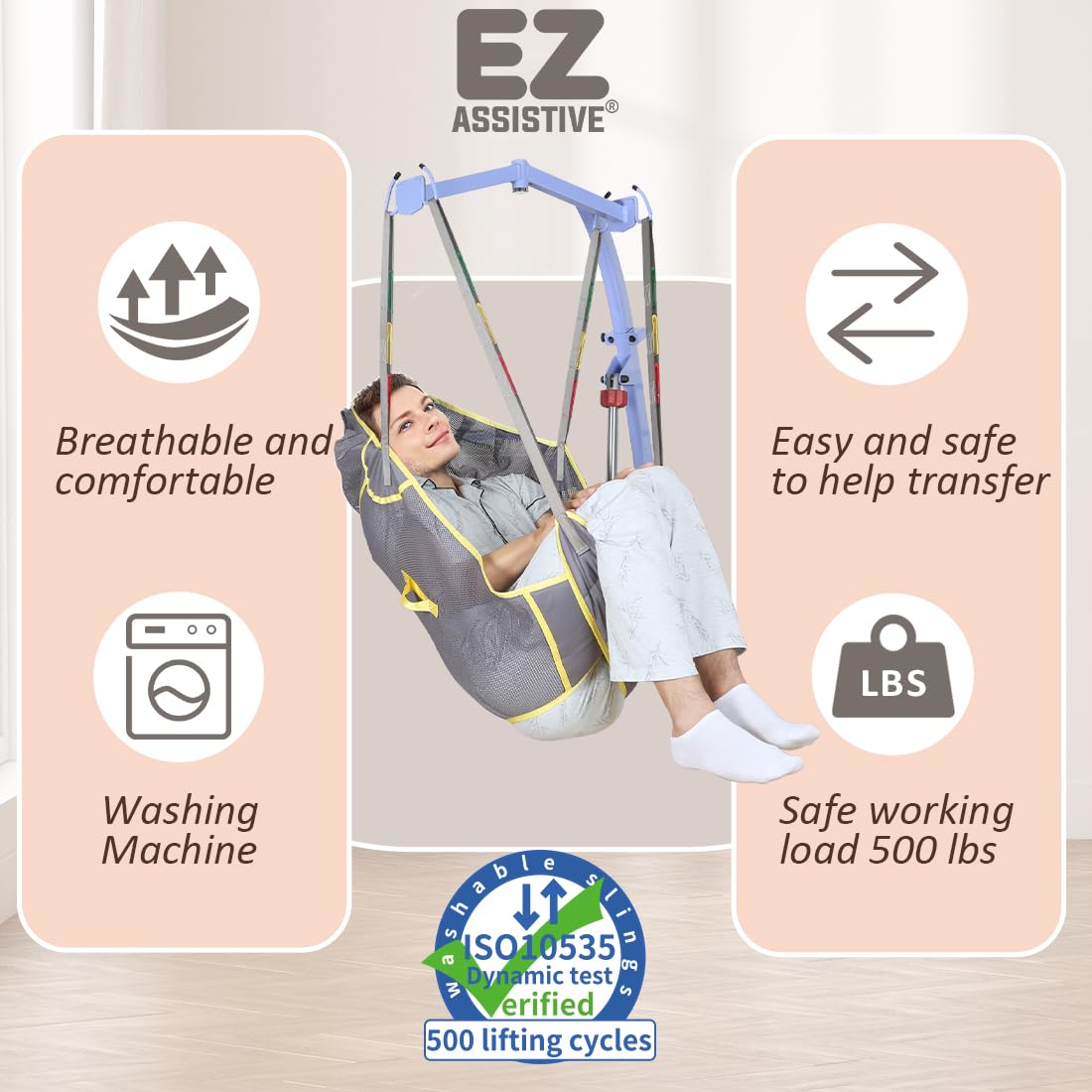 Patient Lift Divided Leg Sling with Head Support, Full Body Mesh Transfer Sling, 500 lb Safe Working Load, Compatible with Most Patient Lift Systems