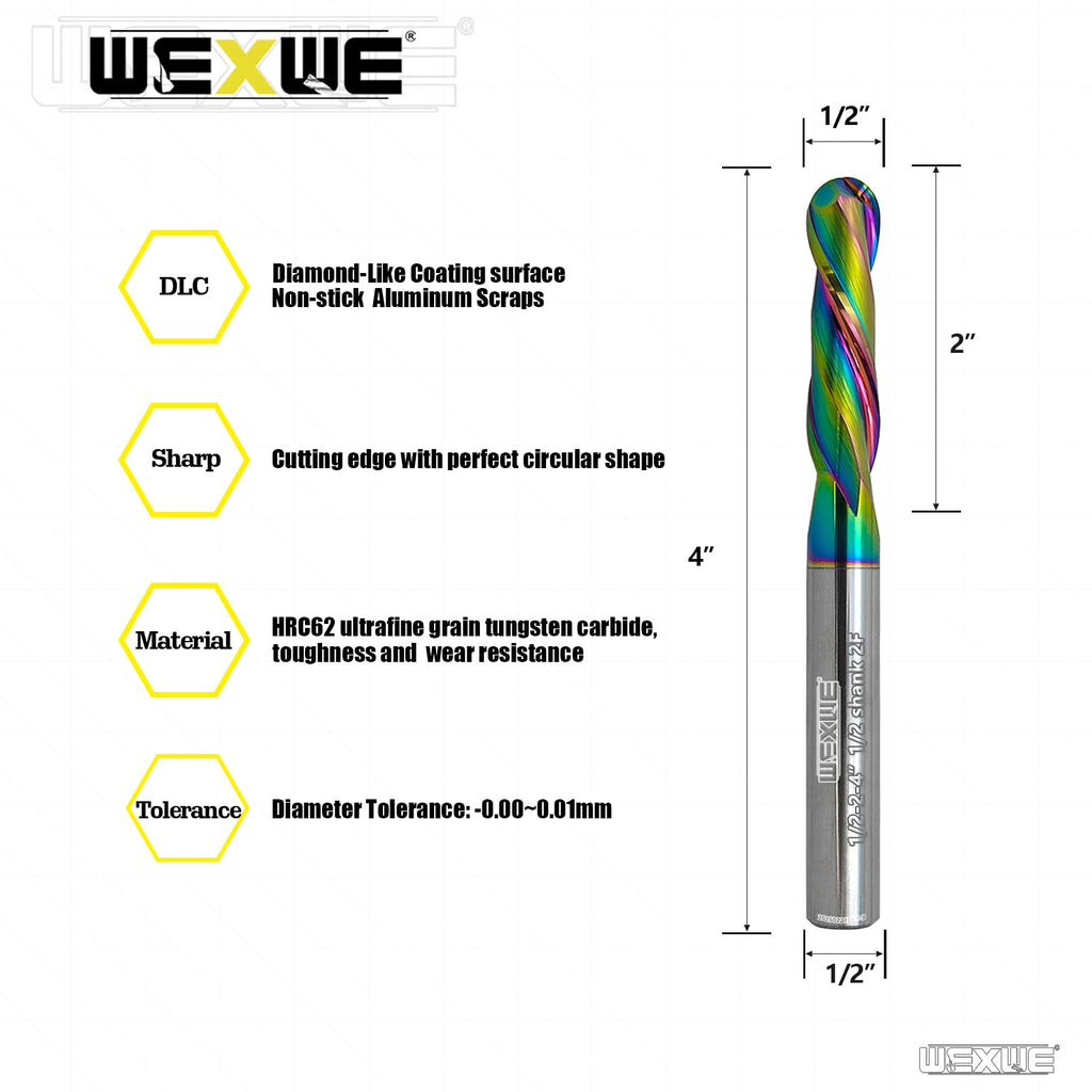 WEXWE Tools Extra Long Ball Nose Carbide End Mill, CNC Cutting Tools for Aluminum Cutting,Wood Cutting, More Wear Resistant, Suit for 3D Carving & Engraving. 2 Flute Router Bits (1/2-4" 1pcs