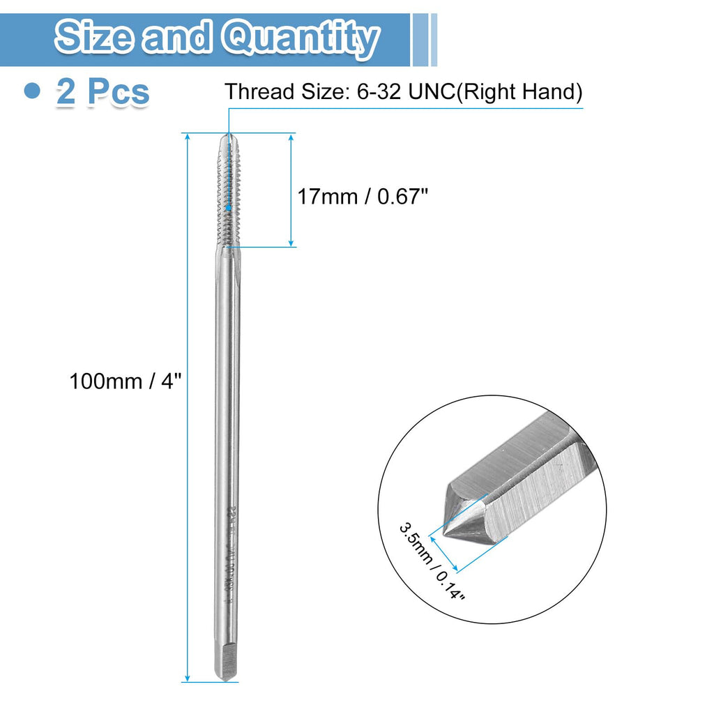 uxcell 2pcs Straight Flute Screw Taps 6-32 UNC 2B Thread 4" Extra Long HSS6542 Machine Threading Milling Tap Tapping Tools