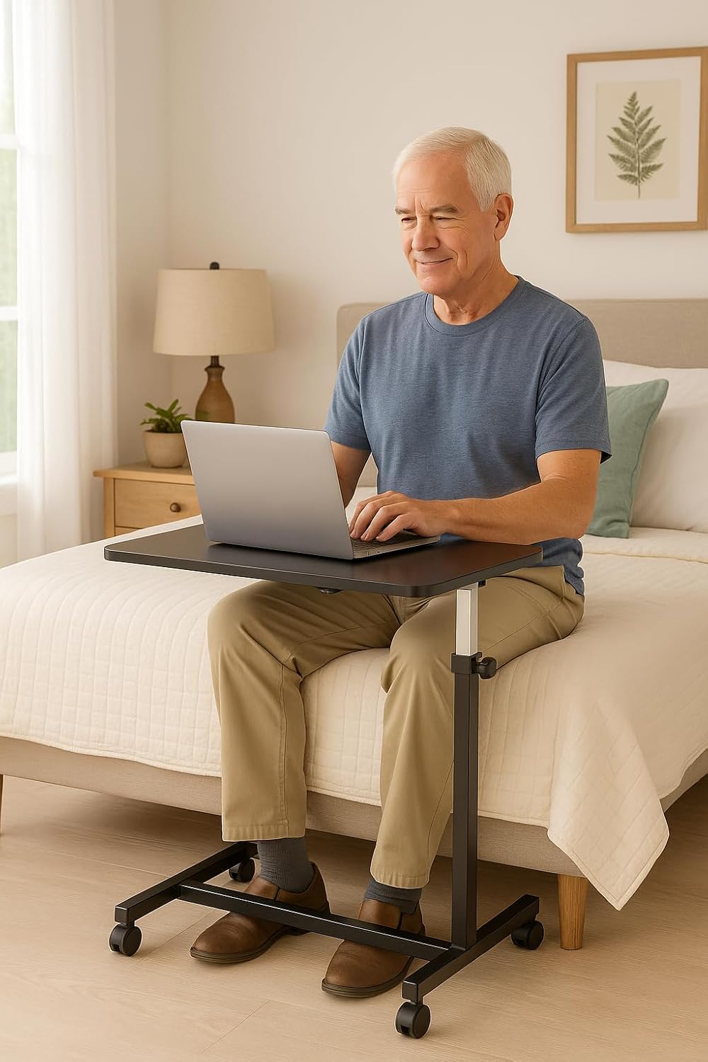 Adjustable Overbed Table on Wheels – Height Adjustable from 30” to 42” – H-Base Rolling Bedside Table for Home