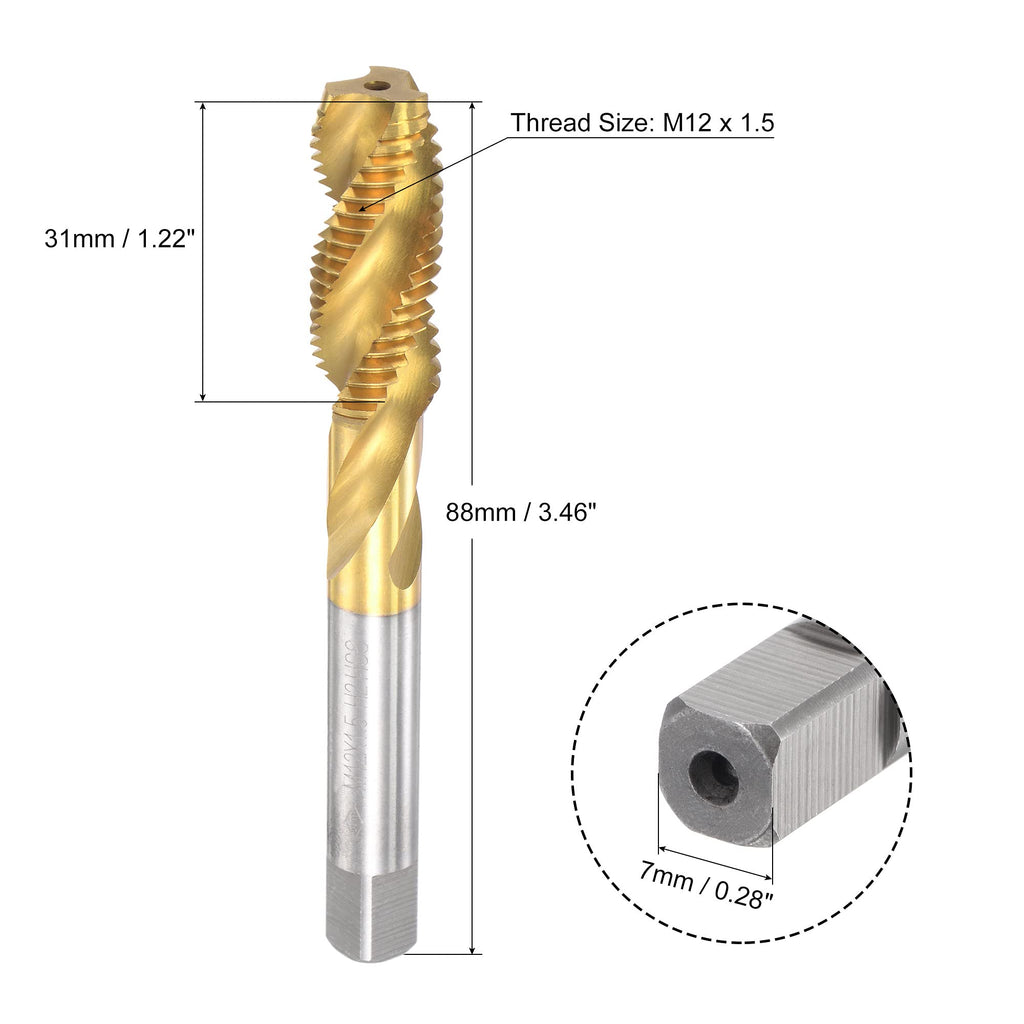 uxcell Spiral Flute Threading Tap M12 x 1.5, Metric HSS (High Speed Steel) Titanium Plated Machine Thread Screw Tap 3 Flutes Tapping Tool H2 Tolerance