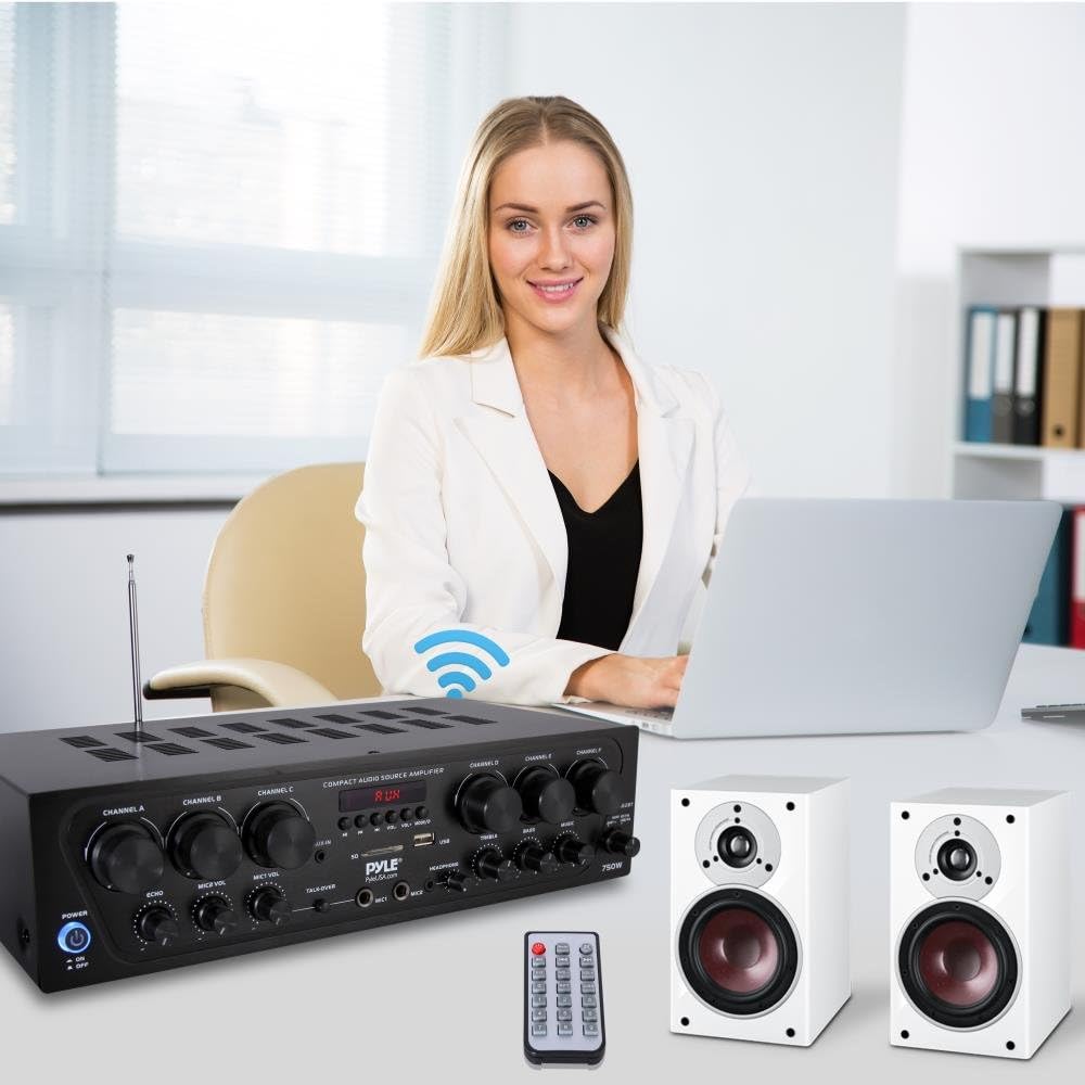 Bluetooth Wireless Home Amplifier System - Upgraded 6 Channel Audio, 750 Watt Power, Easy Karaoke, Stereo Receiver w