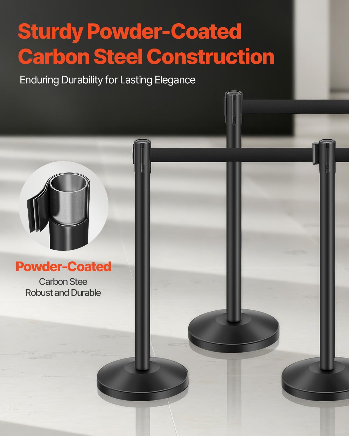 Stanchion Post, 6 Pcs Stanchions with Retractable Belts, Carbon Steel Black Stanchions Queue with Sand Injection