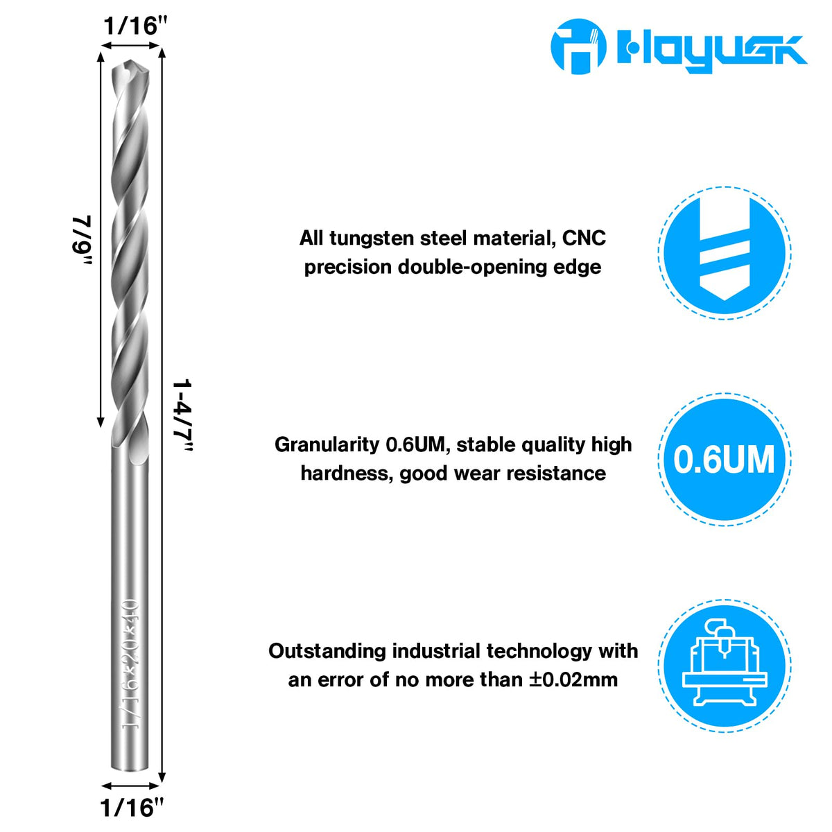 1/16" Drill Bits Solid Carbide Drill Bits, Tungsten Carbide Drill Bit Set, Metal Drill Bit Set for Stainless Steel Hardened Steel Cast Iron Alloy Copper, 5 Pcs