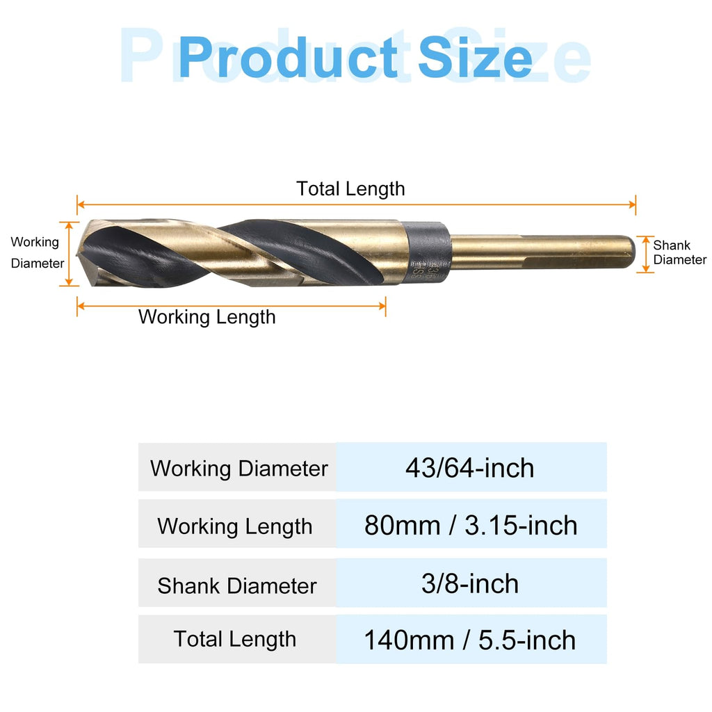 HARFINGTON Twist Drill Bit 43/64" Dia High-Speed Steel 4341 Metric Drill Bits 5.9" Overall Length with Black & Gold Oxide Coating for Drilling Hard Metals, Stainless Steel, Alloy Steel