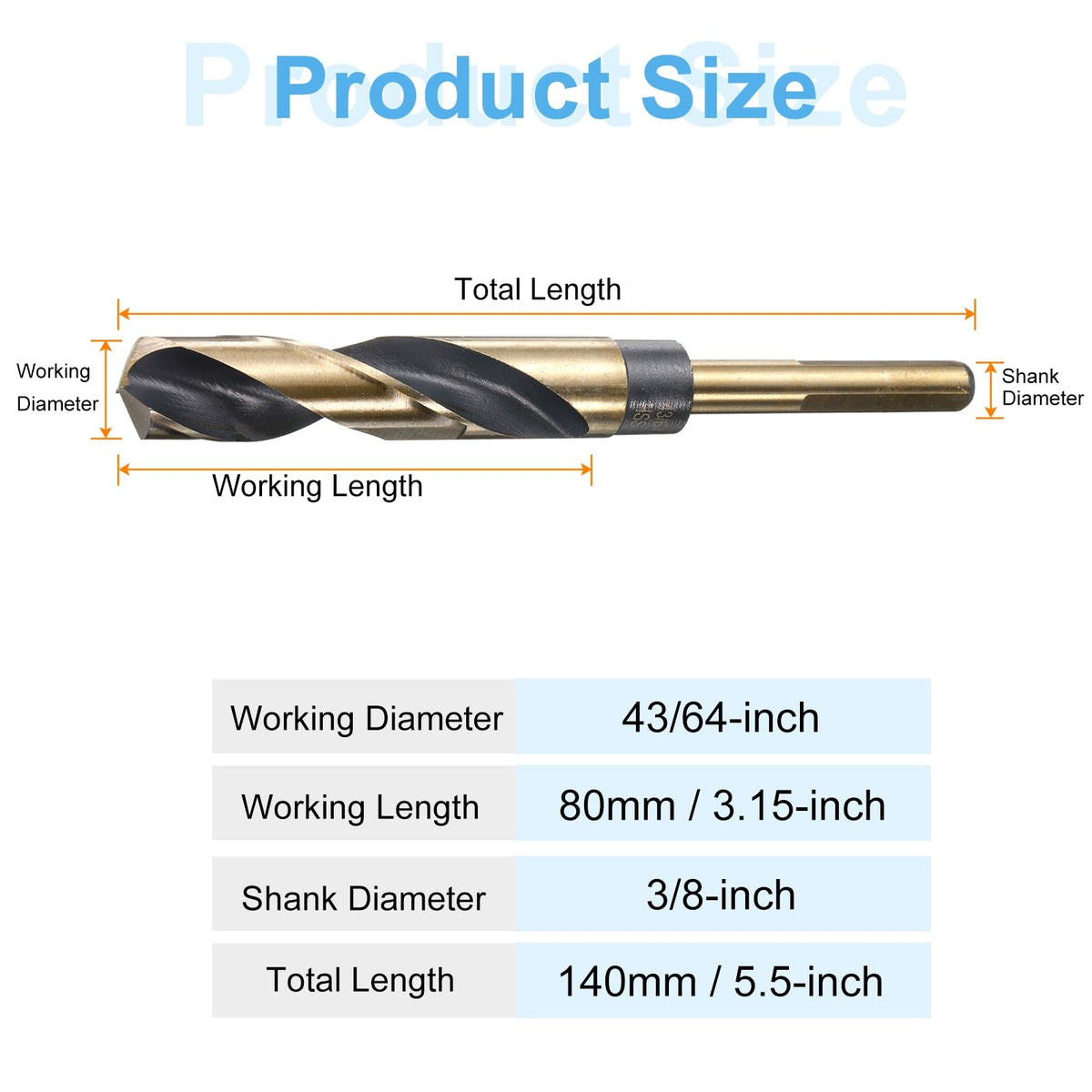 HARFINGTON Twist Drill Bit 43/64" Dia High-Speed Steel 4341 Metric Drill Bits 5.9" Overall Length with Black & Gold Oxide Coating for Drilling Hard Metals, Stainless Steel, Alloy Steel
