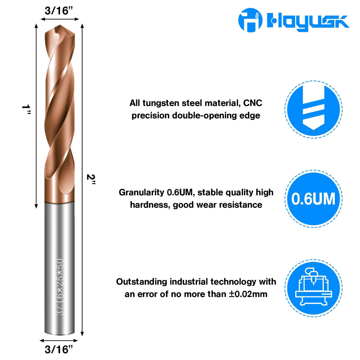 Solid Carbide 3/16" Drill Bits, Tungsten Carbide Drill Bit Set with TISIN Coated, Metal Drill Bit Set for Stainless Steel Hardened Steel Cast Iron Alloy Copper, 2 Pcs
