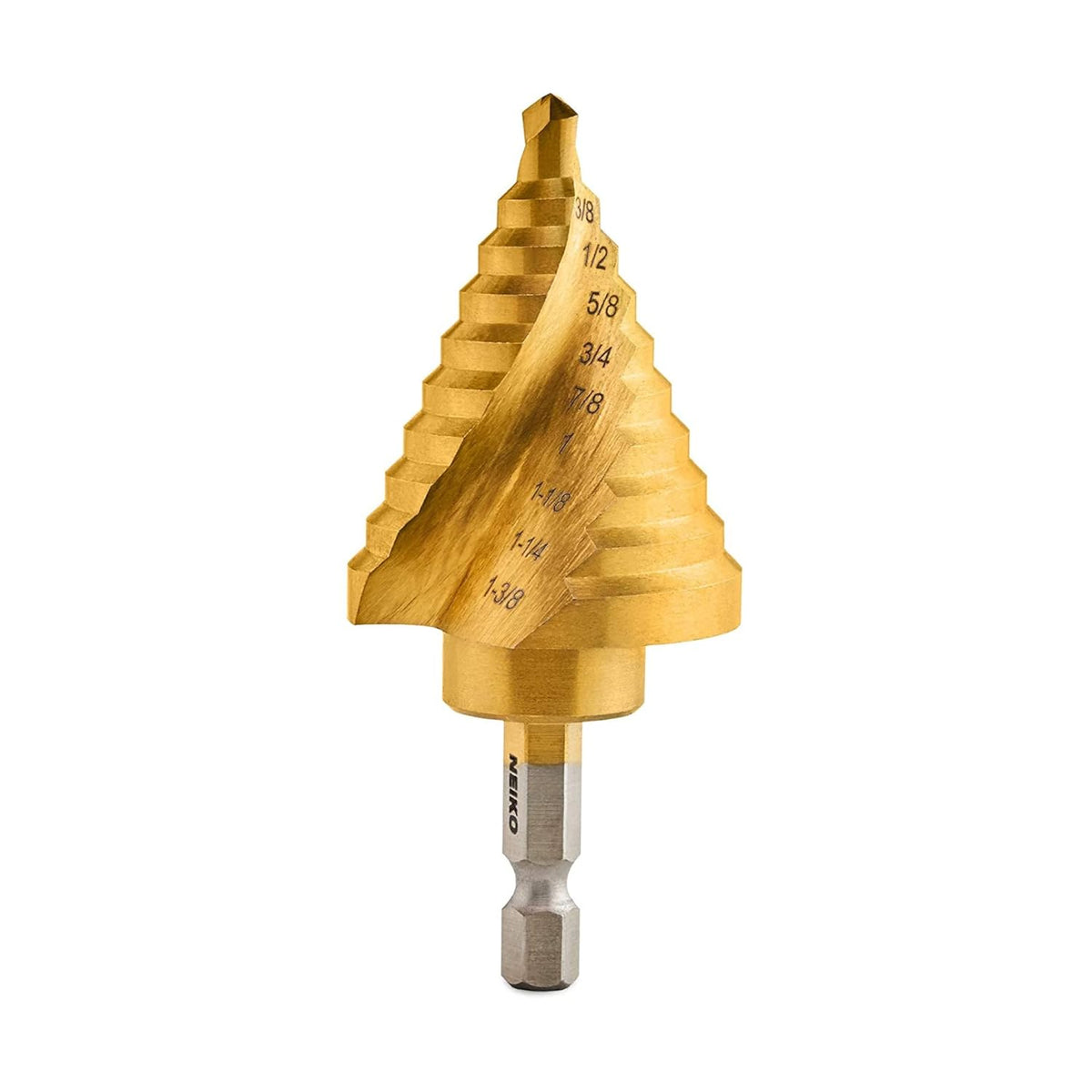 NEIKO 10174A Step Drill Bit, 10 Steps 1/4" to 1-3/8" Straight High Speed Steel, Titanium Nitride Coated, 1/4" Quick Change Step Bits for Steel, Metal, Wood, Plastic, Unibit Cone Drill Bits, Two Flute