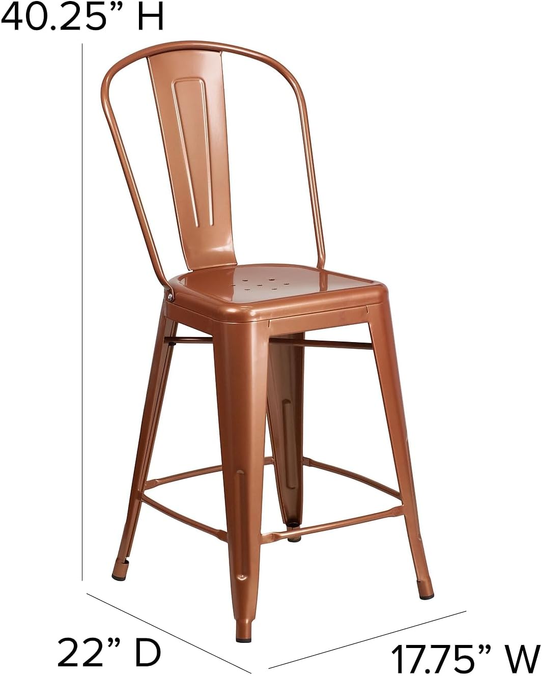 Carly Commercial Grade 24" High Copper Metal Indoor-Outdoor Counter Height Stool with Back