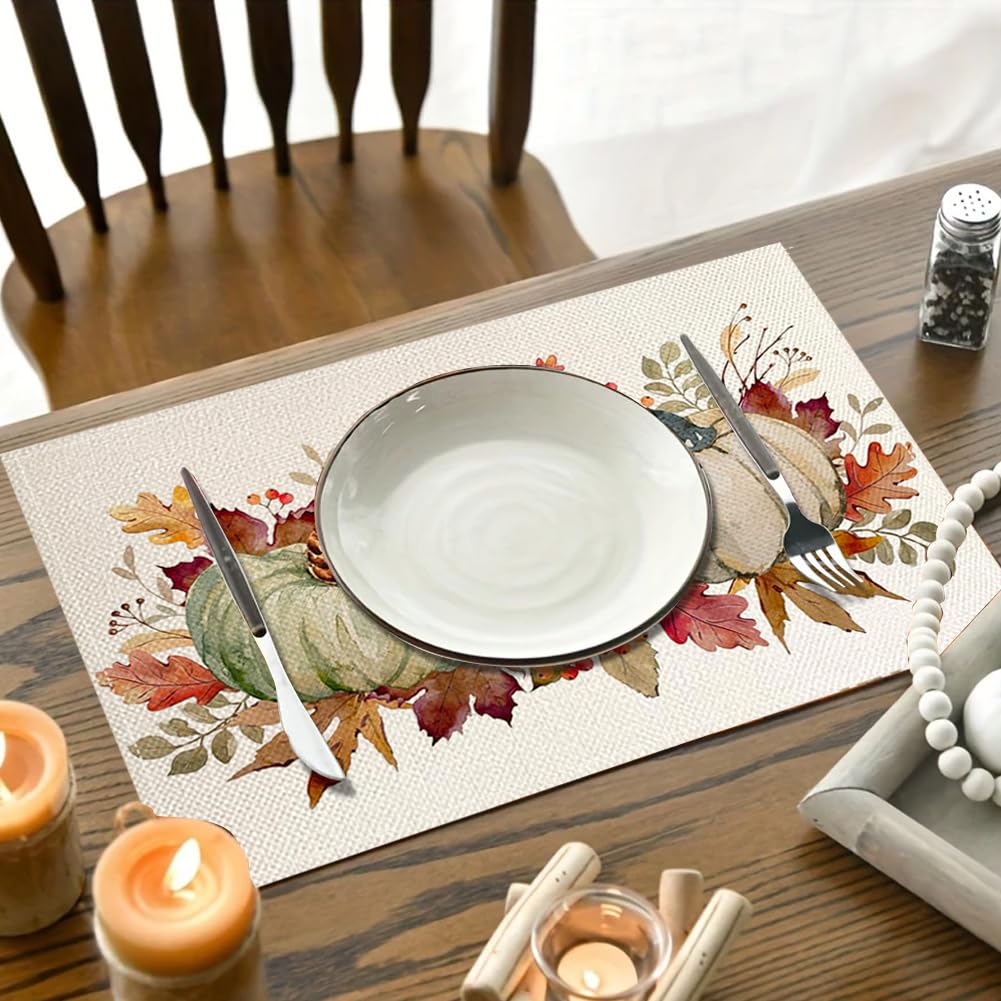 Orange Pumpkins Leaves Fall Placemats Set of 4