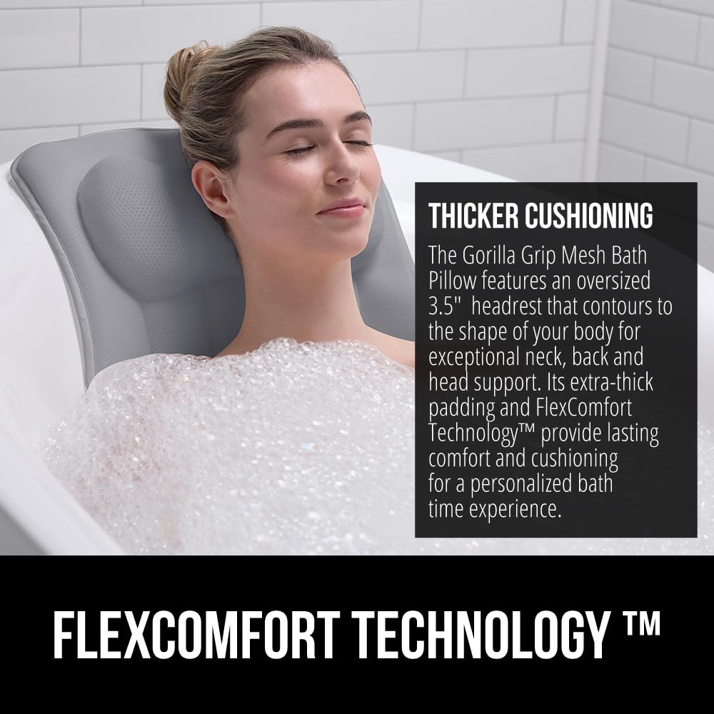 Bath Pillow for Tub, 6 Strong Suction Cups, 4D Mesh, Gray