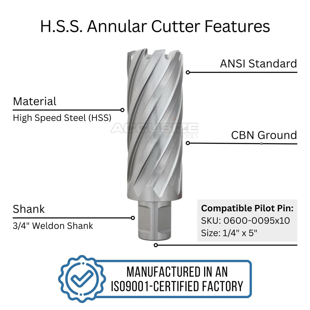 Accusize HSS Annular Cutter, 1-1/4 in Dia x 3 in Cutting Depth