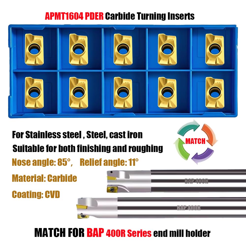 10pcs APMT1604 PDER DP5320 Carbide Turning Inserts, Featuring a Highly Wear-Resistant AlTiN Coating,APKT1604 Compatible with BAP400R Series End Mill Holders for Processing Steel Parts