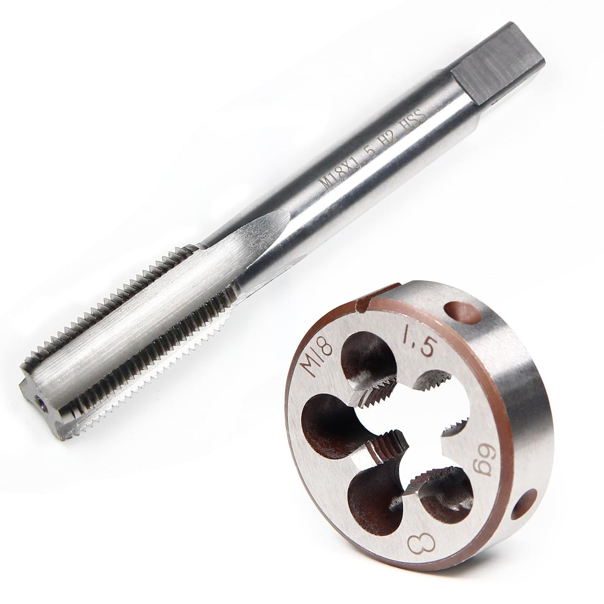 YUEARN M18 X 1.5mm Metric Tap and Die Set, HSS Straight Fluted Machine Thread Tap Right Hand Screw Tap and Round Thread Die for Mold Repair and Metalworking