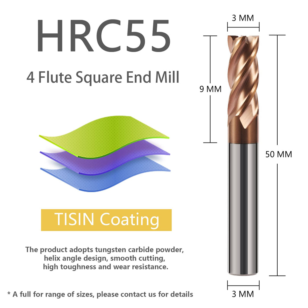 AYCHOLIZ 1pc 4 Flutes Carbide Square End Mill 3mm (0.118"Dia), 4mm (0.157" Shk Dia) Tungsten Steel Milling Cutter Micro Grain CNC Router Bits for Alloy Steel High Alloy Cast Iron-HRC55 - TISIN Coated