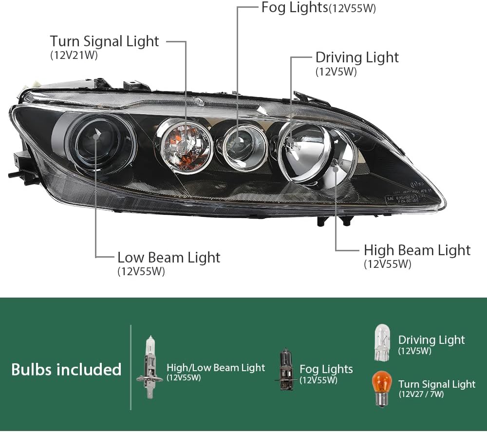 LQI Pair Headlights Assembly w/Bulb Compatible with Mazda 6 2006 2007 2008
