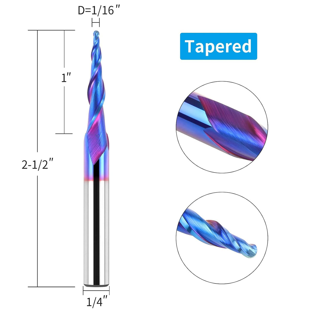 EANOSIC Tapered Ball Nose End Mills 1/4" Shank, 1/16" Tip Diameter (1/32" Radius), 5.4 Degree, Solid Carbide CNC Router Bits for 2D/3D Milling Engraving Carving