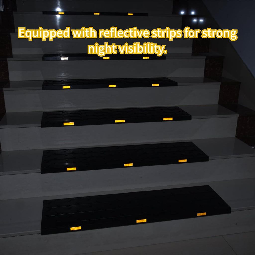 Heavy-Duty Slip-Resistant Stair Treads with Reflective Safety Strips - Universal Fit Rubber Mats for Indoor/Outdoor