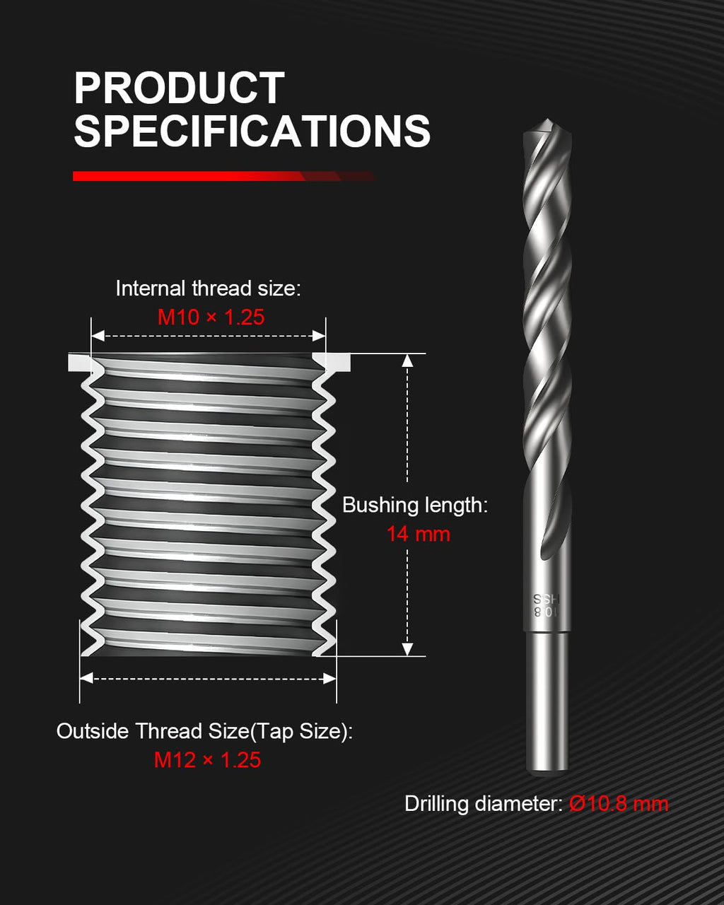 Kolvoii M10x1.25 Thread Repair Kit, 10 Solid 304 Stainless Steel Inserts