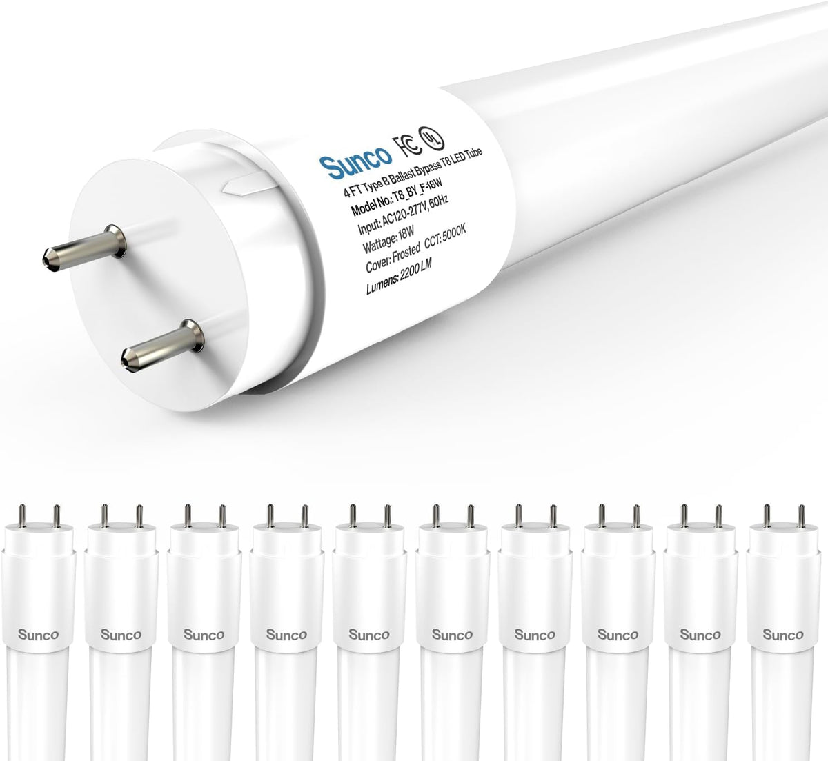 Sunco 10 Pack 4 Foot T8 LED Tube Light Bulbs, 18W, 5000K, Ballast Bypass