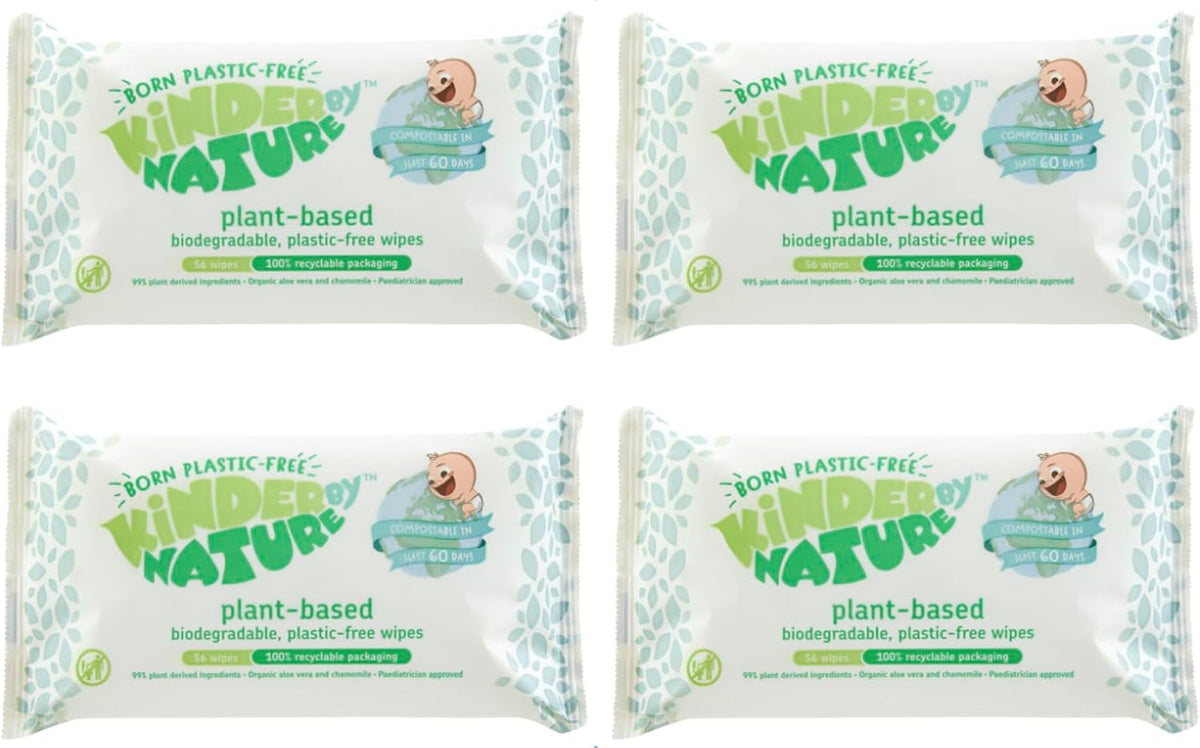 Kinder by Nature Plant Based Baby Wipes - 100% Biodegradable & Compostable, 224 Count (4 Packs of 56) - 99%
