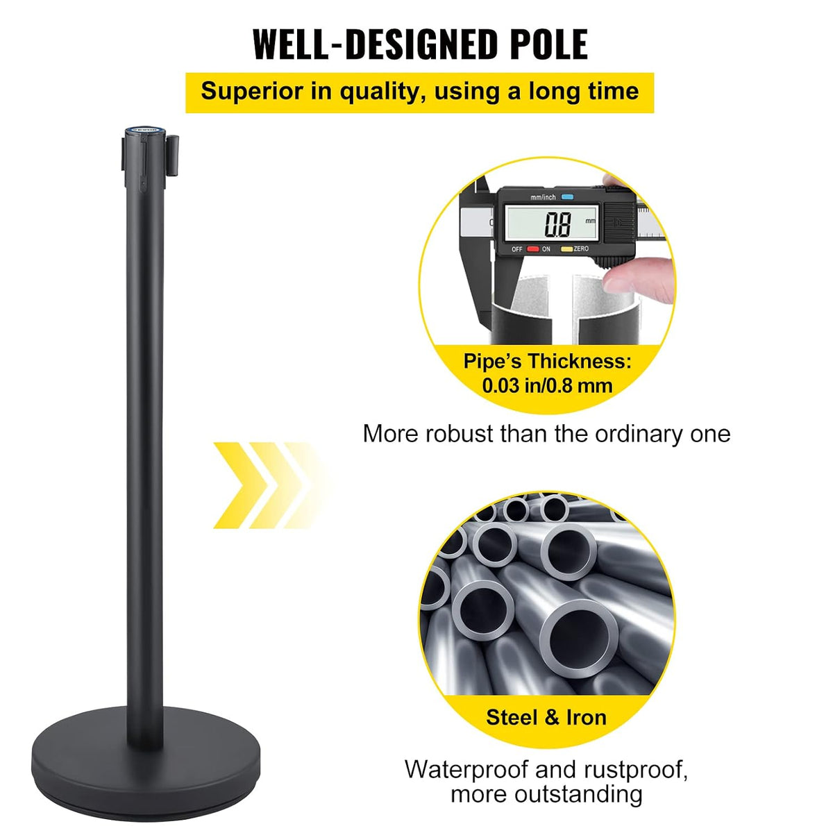 Crowd Control Stanchion Set, Stanchion Set with 6.6 ft/2 m Black Retractable Belt, Black Crowd Control Barrier
