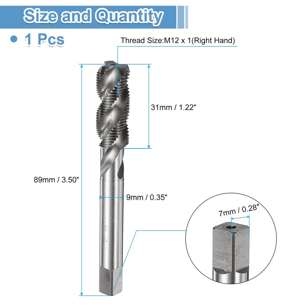 uxcell Spiral Flute Thread Taps M12 x 1 H2 Metric Machine Threading Tap Bit, Uncoated Screw Tapping Repair Tool, M2 High-Speed Steel (HSS)