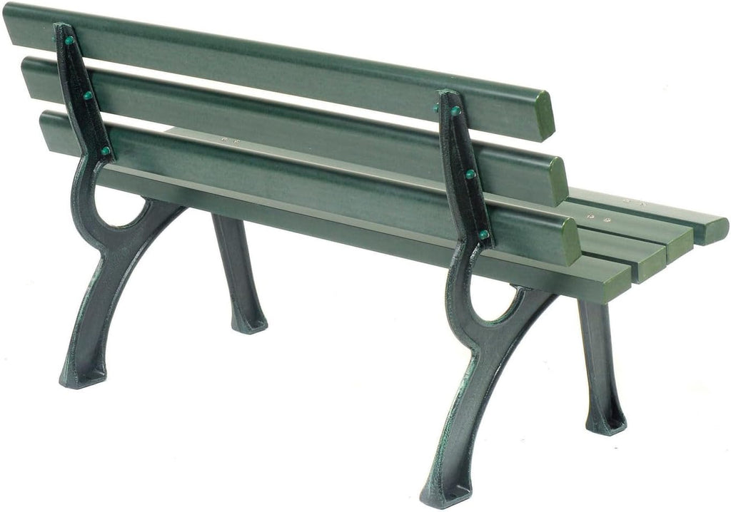 4'L Outdoor Park Bench with Backrest, Green, Plastic | Recylced Plastic Slats, Wrought Iron Frame, 1100 lbs Capacity