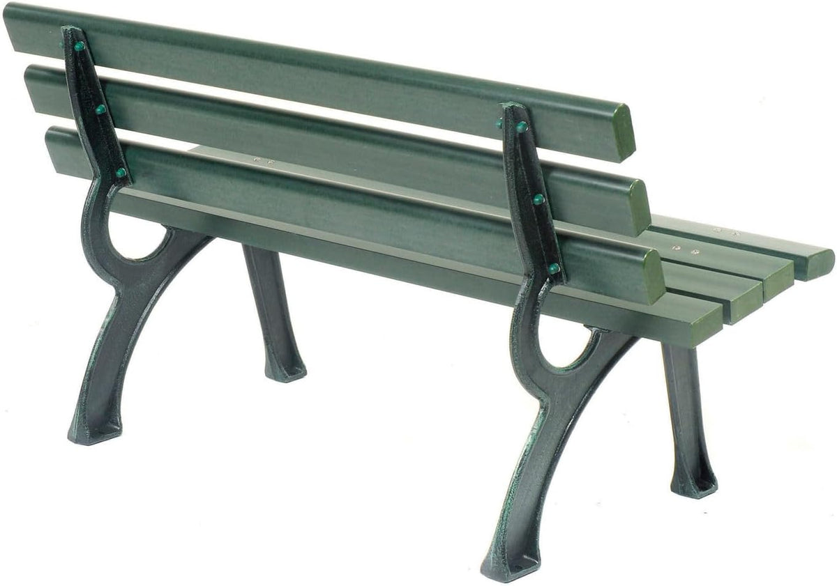 4'L Outdoor Park Bench with Backrest, Green, Plastic | Recylced Plastic Slats, Wrought Iron Frame, 1100 lbs Capacity