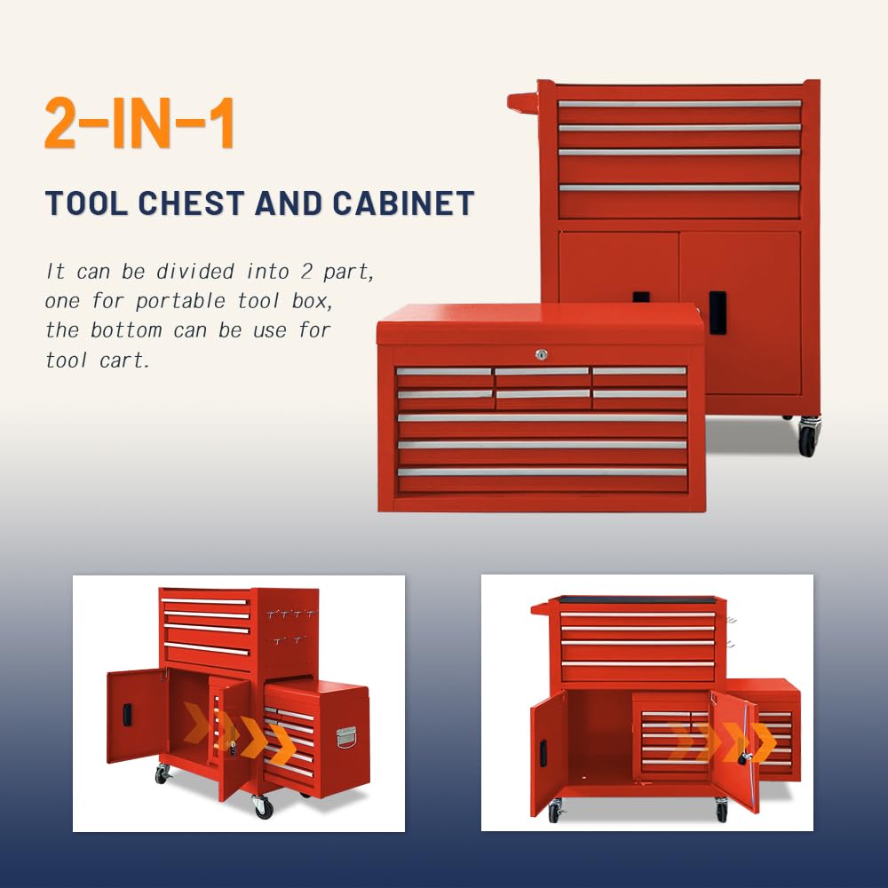 13-Drawer Double Door Rolling Tool Chest, 2 in 1 Detachable Tool Chest,Tool Box with Drawers and Wheels, Large Tool