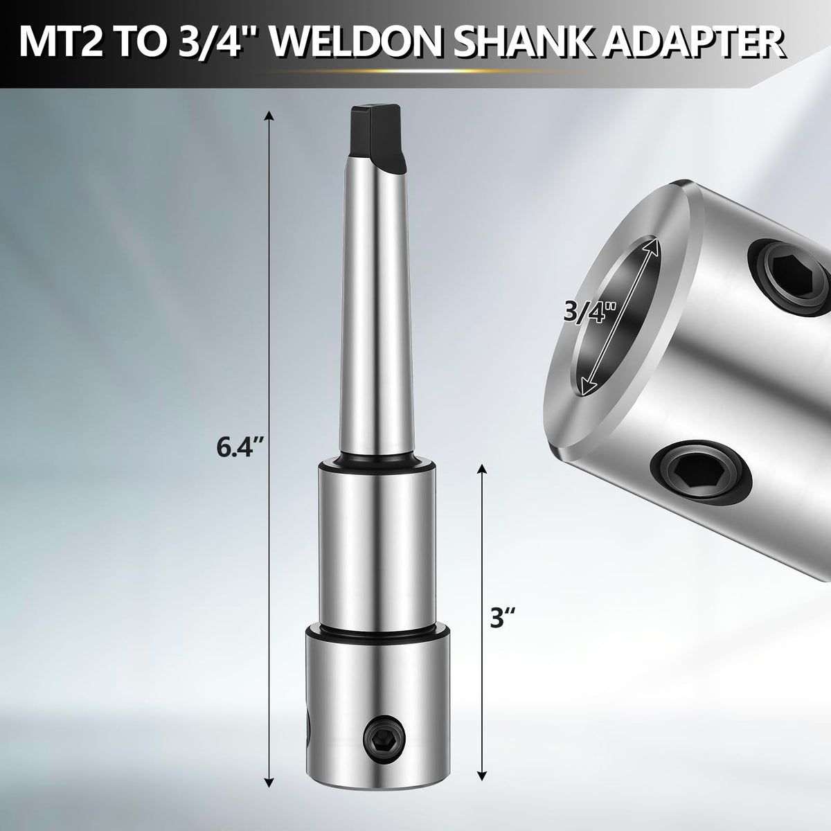 Lanties Annular Cutter Arbor Adapter, Morse Taper MT2 to 3/4" Weldon Shank for Drill Press & Milling Machine, Chrome Steel, High Precision CNC Machined, with Set Screws & Pilot Pin