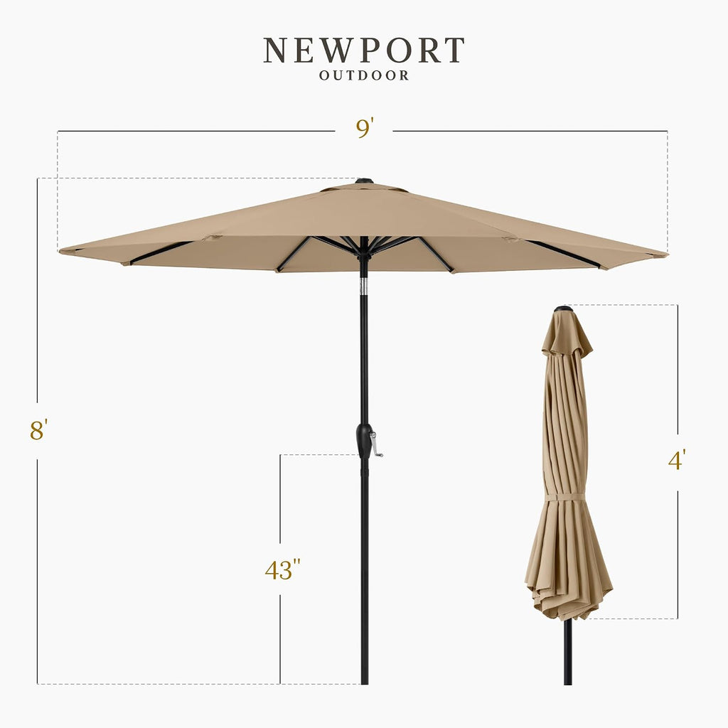 9ft Commercial Grade Patio Umbrella, 5-Year Fade Resistant 260 GSM Polyester Canopy, Rustproof Aluminum Frame, Smooth