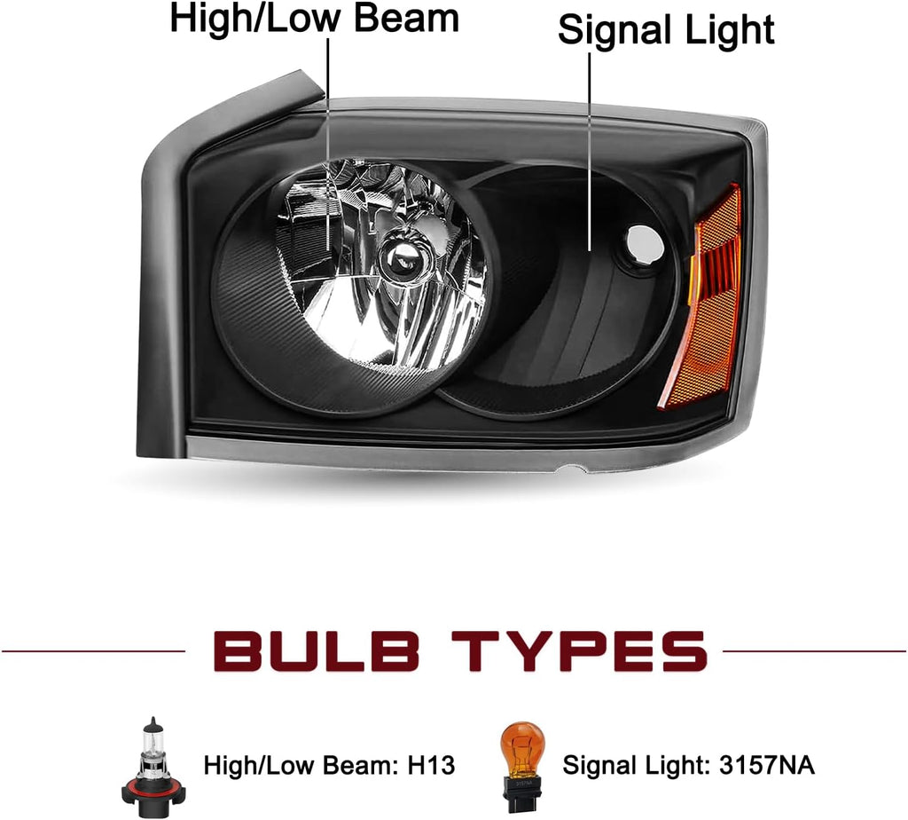 JSBOYAT Halogen Headlight Assembly for 2005-2007 Dodge Dakota