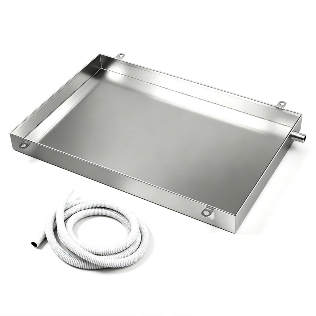 Universal AC Drip pan 304 Stainless Steel Water Catcher Tray 4 Inch High Leak Proof Condensate Drain Tray Stable Floor Protection for air Conditioner Industrial Equipment and Home use(28x28x1.2in)