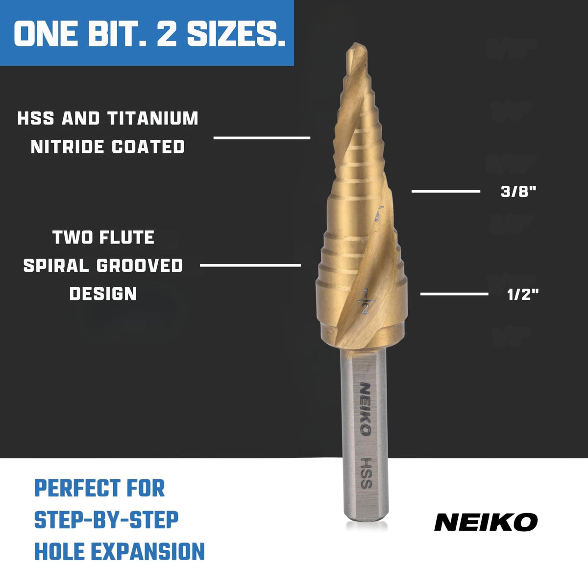 NEIKO 10615A Step Drill Bit, 2 Steps 3/8" to 1/2" Spiral High Speed Steel, Titanium Nitride Coated, 1/4" Tri Flat Step Bits for Steel, Metal, Wood, Plastic, Unibit Cone Drill Bits, Two Flute