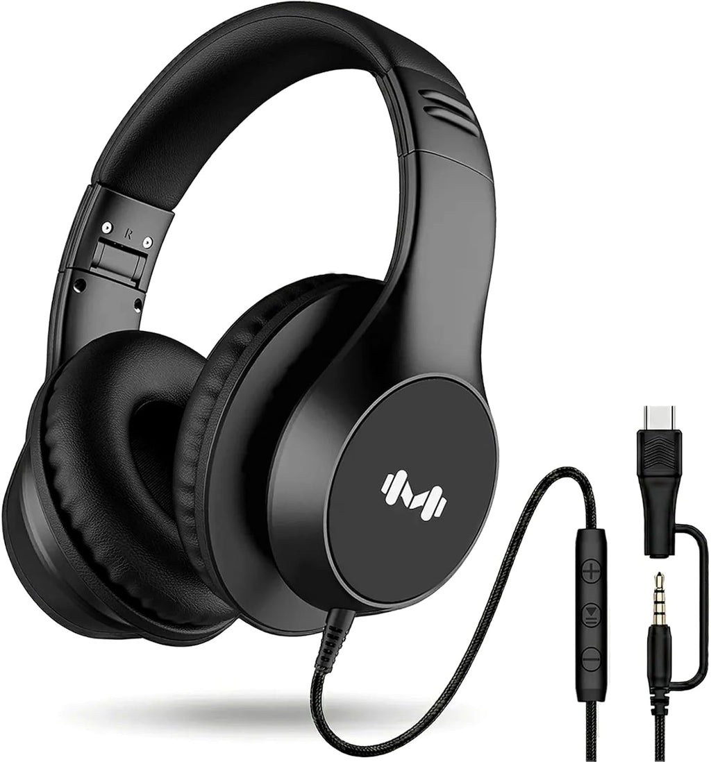Wired Over Ear Headphones with Mic, USB-C Adapter, Black | USB-C adapter included, 3.5mm connection, comfortable ear
