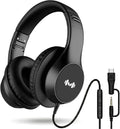 Wired Over Ear Headphones with Mic, USB-C Adapter, Black | USB-C adapter included, 3.5mm connection, comfortable ear