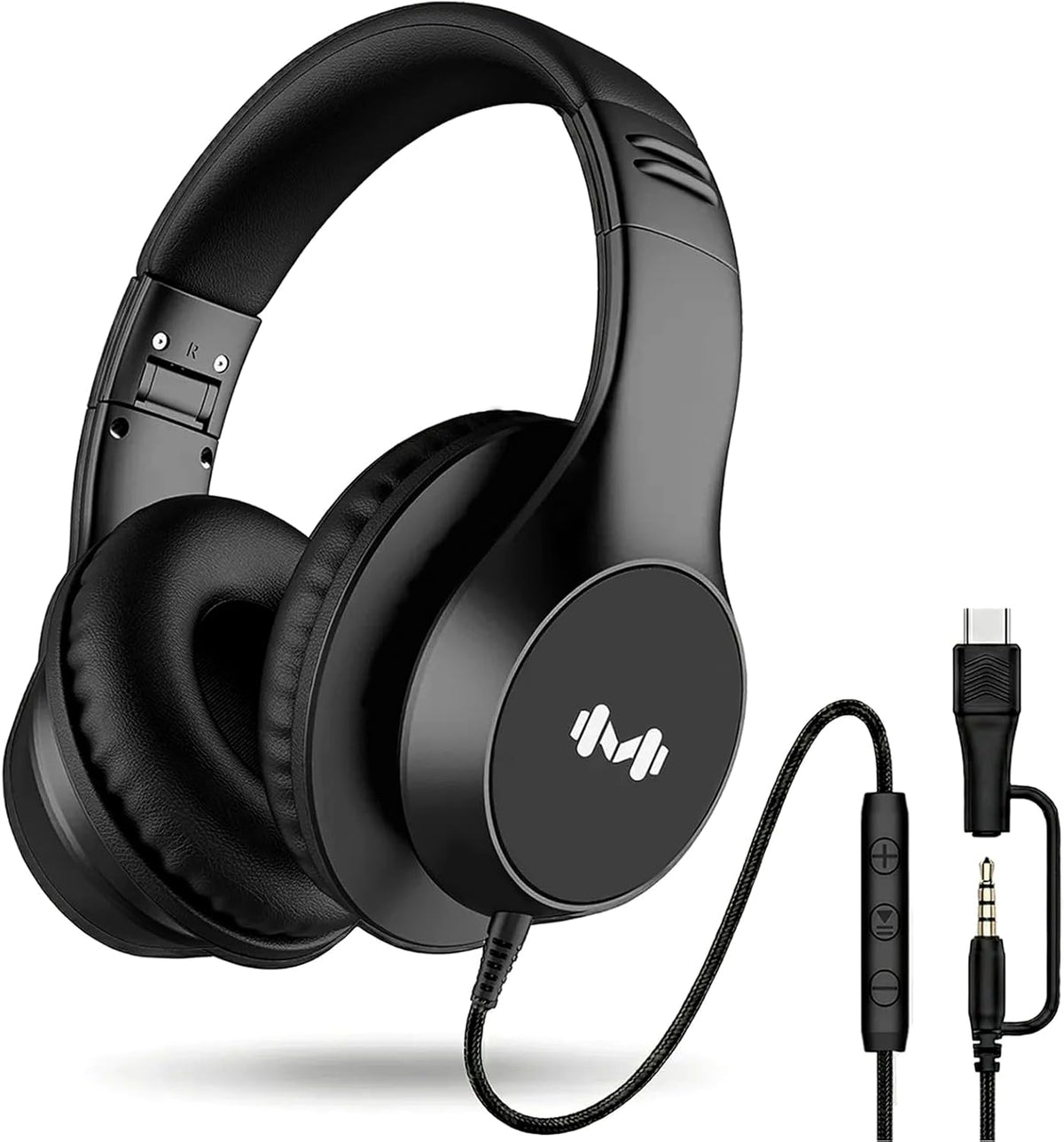 Wired Over Ear Headphones with Mic, USB-C Adapter, Black | USB-C adapter included, 3.5mm connection, comfortable ear