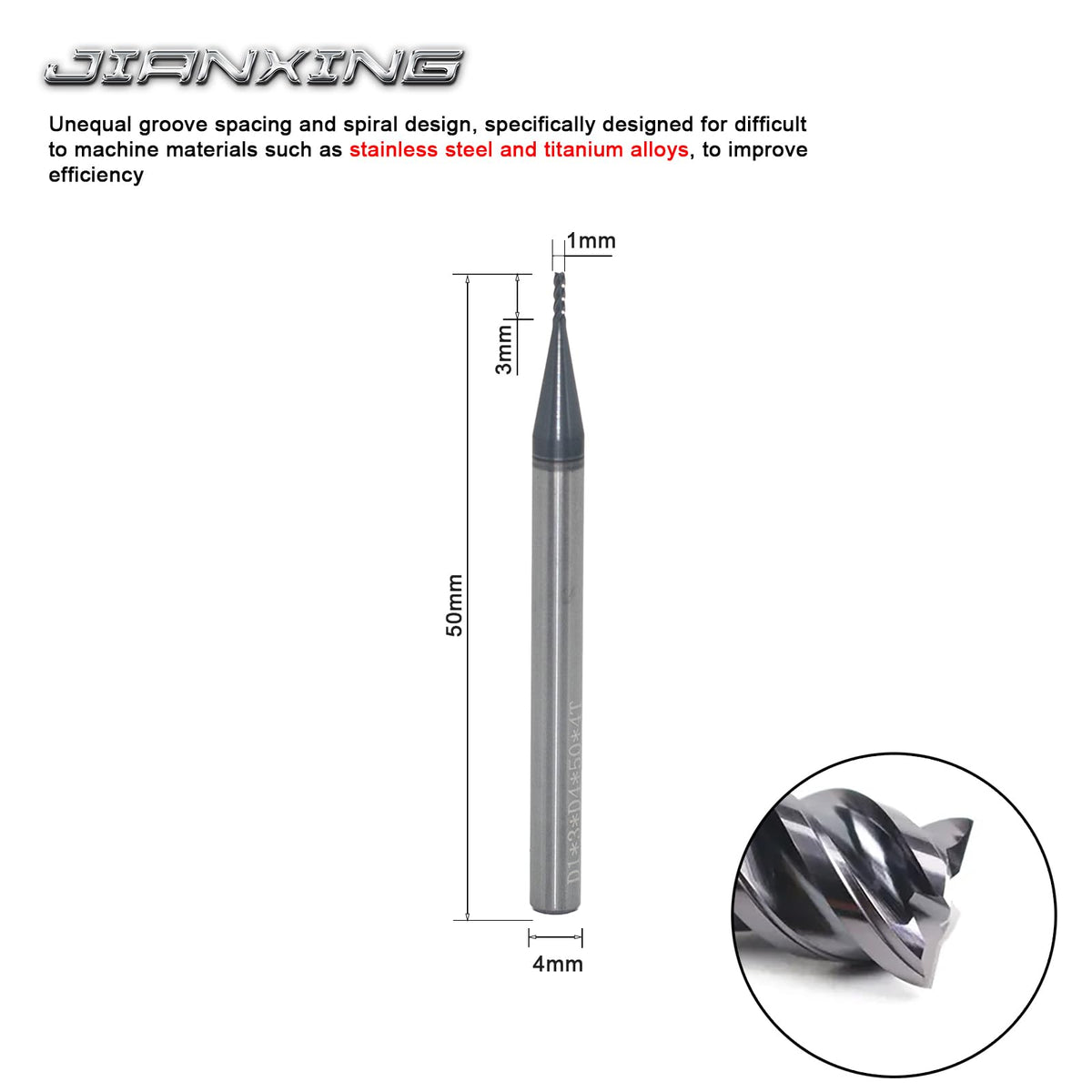 JIANXING 1mm 4-Flute Carbide Square End Mill, 50mm OAL, 3 Pcs