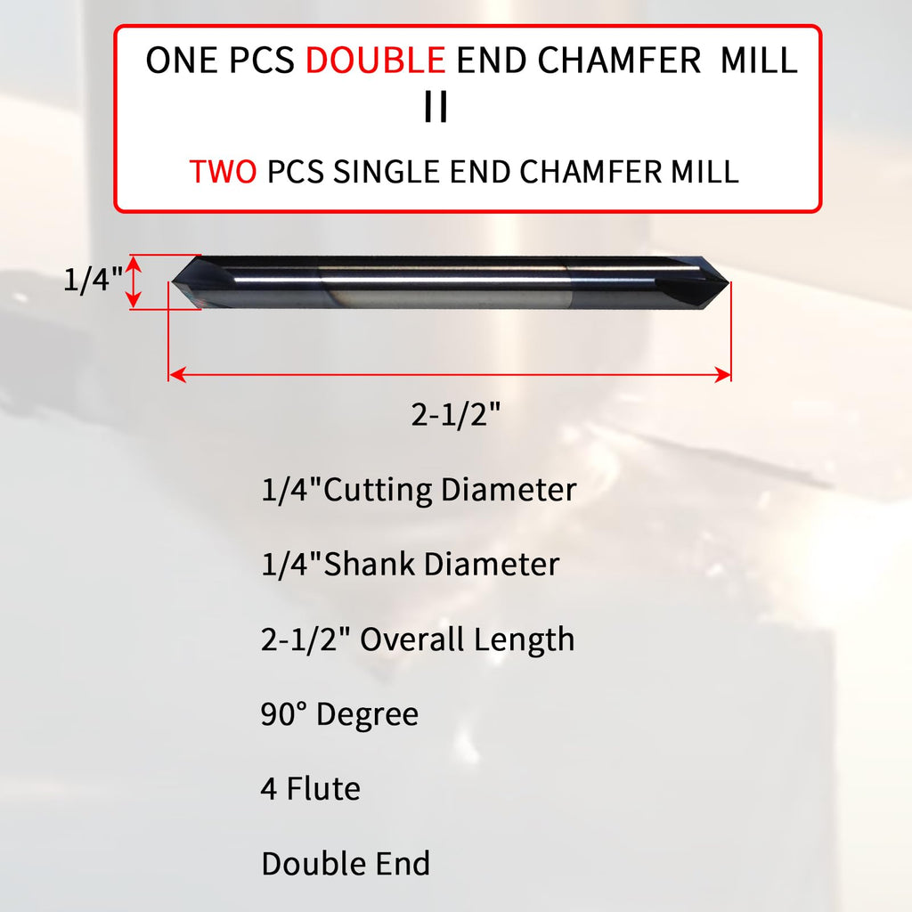 1/4" Chamfer Mill, Carbide, 4 Flute, 90° Degree, Double End