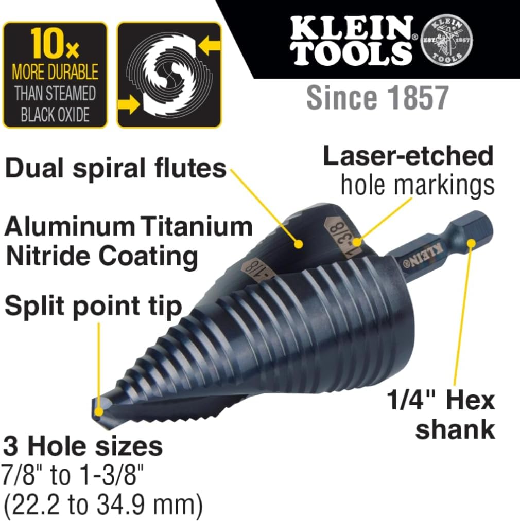 Klein Tools QRST15 Step Drill Bit, Quick Release Spiral Double-Fluted, 7/8 to 1-3/8-Inch, Hex Shank, Cut Steel, Wood, Plastic, Aluminum
