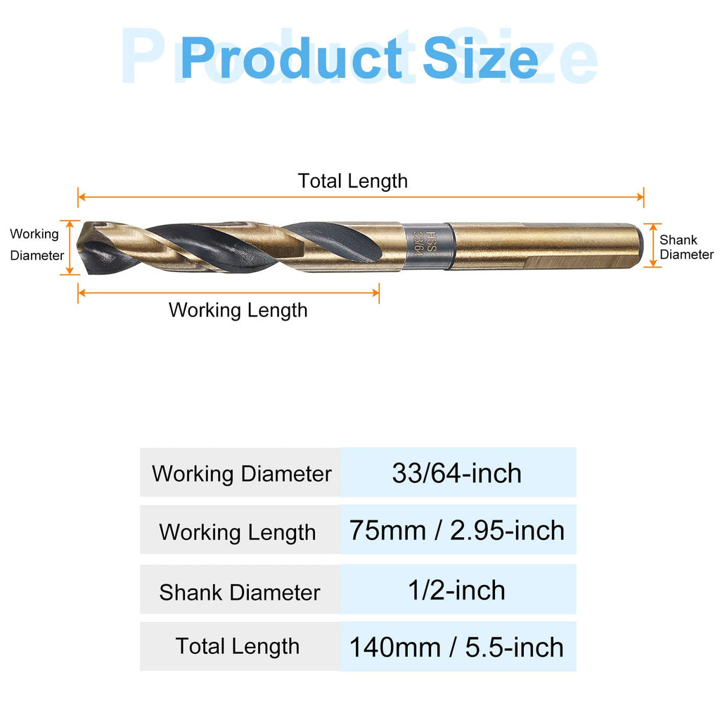 HARFINGTON Twist Drill Bit 33/64" Dia High-Speed Steel 4341 Metric Drill Bits 1/2" Shank 5.9" Overall Length with Black & Gold Oxide Coating for Drilling Hard Metals, Stainless Steel, Alloy